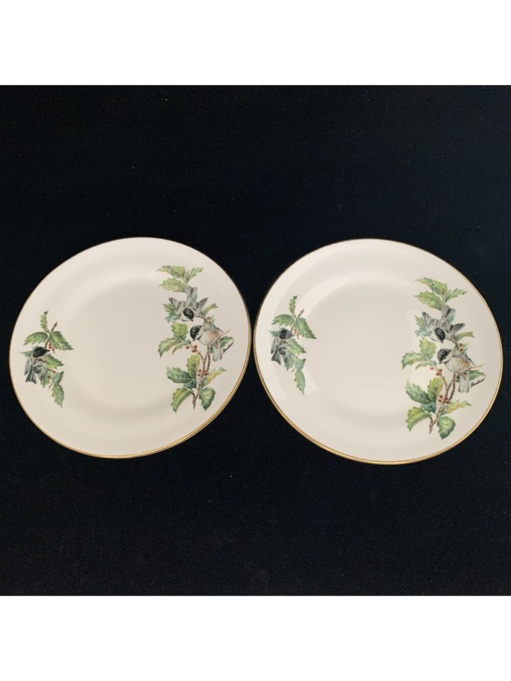 Boehm Chickadees & Holly Salad Plates Set of 2 8.5" Bone Porcelain England Vtg